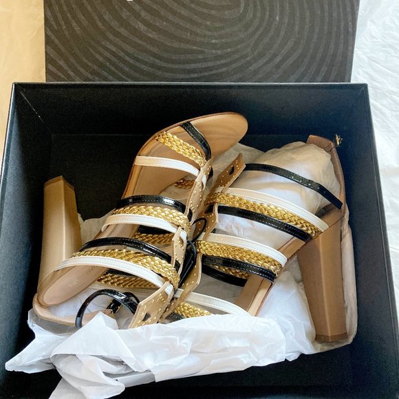 Just Cavalli women's 39 EU gold braided strappy buckle chunky heel sandals - Picture 1 of 7